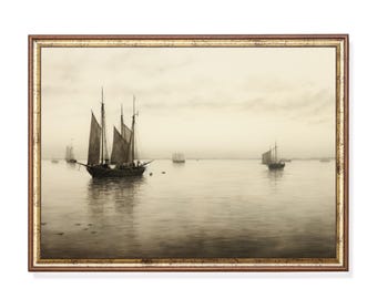 Digital Download Vintage Sailboat Wall Art, Sepia Coastal Print, Antique Ship Landscape, Nautical Printable Decor
