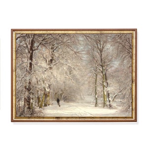 Vintage Snowy Winter Landscape Painting: Rustic Cabin Decor Print