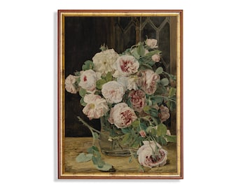 Vintage Rose Still Life Print: Antique Floral Painting, Farmhouse Decor