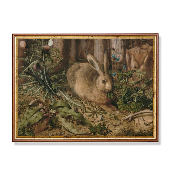 Vintage Rabbit Painting | Antique Bunny Print | Rabbit in Woodland | Rustic Print | Digital Download | Printable Wall Art | Farmhouse Decor