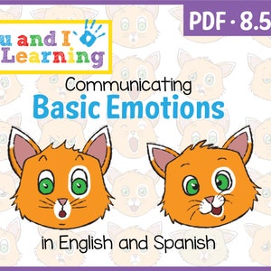 Puede incluir: Una hoja de trabajo imprimible colorida para enseñar emociones básicas en inglés y español. La hoja de trabajo presenta dos gatos de dibujos animados con diferentes expresiones faciales, rodeados de caras de gatos más pequeñas.
