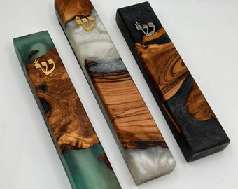 Handmade Mezuzah Case Made of Olive Wood and Epoxy, Jewish Home Gifts, Religious Gift for Jewish, Judaica from Israel, Modern Mezuzah