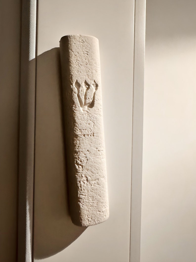 Modern Jerusalem Stone Mezuzah Case – Natural Design - Handmade Judaica from Israel - Indoor & Outdoor image 1