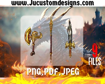 Download digitale del set di armi con scaglie di drago e ossa / Arte delle armi fantasy e risorse per giochi di ruolo / D&D / Clip art dark fantasy PNG per uso commerciale