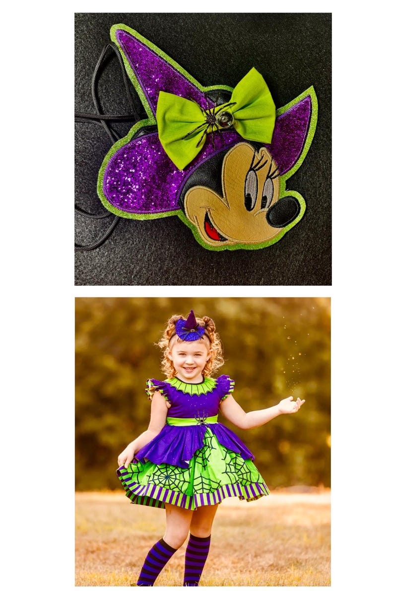 May include: A Halloween-themed ensemble featuring a Minnie Mouse-inspired headband with a purple glitter witch hat and a green bow. The image also shows a young girl in a purple and green witch-themed dress with a spiderweb design.
