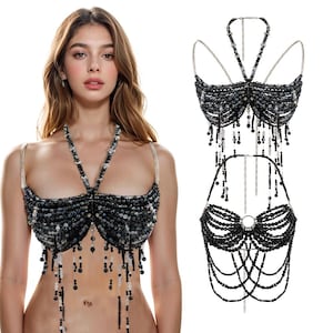 Handcrafted Black Beads Body Chain Party Mermaid Body Jewelry, Body Chain Bra Top Bikini Jewelry, Bohemian Festival Jewelry Rave Costume