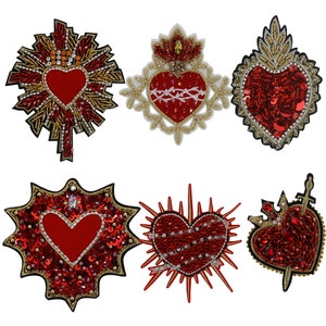 Beaded Milagro Heart Patches Flaming Sacred Heart Applique Mexican Folk Art Applique Decor Clothes Badges Sew on  Patches Handmade DIY