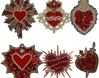 Beaded Milagro Heart Patches Flaming Sacred Heart Applique Mexican Folk Art Applique Decor Clothes Badges Sew on  Patches Handmade DIY