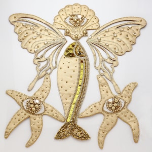 Hand-Sewn Large Ocean Beaded Patches Gold Leather Rhinestone Sequin Appliqués Shell Starfish Fish Designs Sew-On for Bags  Clothing