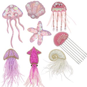 Handmade Seashell Jewelry Beaded Jellyfish Patches Ocean Creature Art Decor Badges Applique Sew on  Sea Animal Patches for Gift Brooch