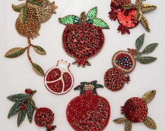 Parches de granada con cuentas, diamantes de imitación, parches de tela de frutas, insignias de cristal, apliques, parches para coser, broches, ropa, decoración, costura, bricolaje
