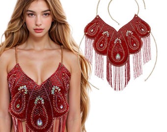 Fringe Beading Body Jewelry Crystal Body Chain Mermaid Bra Top Rhinestone Beads Bikini Body Jewelry Halter Top for Party Outfit Festive Rave