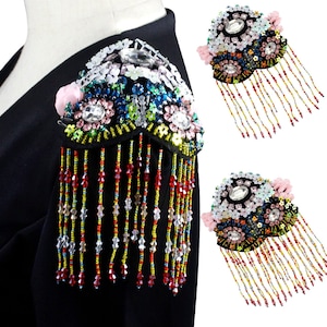 Beaded Sequin Flower Tassel Epaulette Punk Coat Suit Badge Sew on Shoulder Patches 2 pieces
