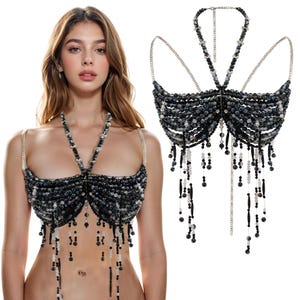Handcrafted Black Beads Body Chain Party Mermaid Body Jewelry, Body Chain Bra Top Bikini Jewelry, Bohemian Festival Jewelry Rave Costume