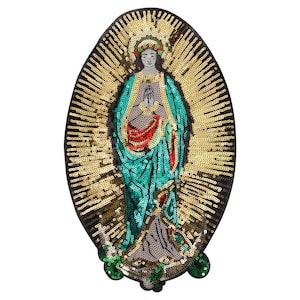 Sacro Cuore Vergine Maria, Milagro Sacro Cuore patch di paillettes, Messicano Sagrado Corazon Holly Mary, Flaming Heart Applique, Guadalupe Virgin