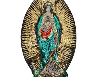 Sacred Heart Virgen Maria, Milagro Sacred Heart sequin patch, Mexican Sagrado Corazon Holly Mary, Flaming Heart Applique, Guadalupe Virgin