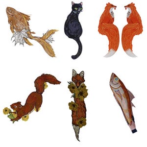 May include: Embroidered patches featuring a variety of animals and nature. The collection includes a brown fish with a leaf, a black cat, two orange foxes, a squirrel, a fox with flowers, and a fish.