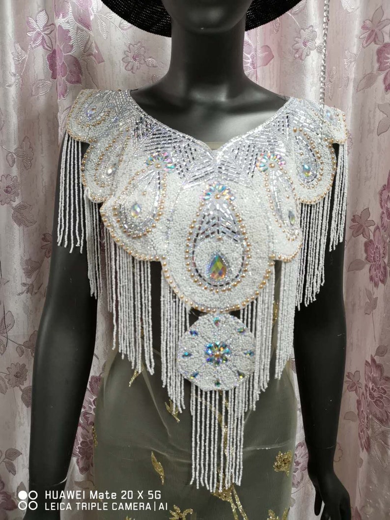 Long Beading Fringe Tassel Rhinestones Collar Crystal Rhinestones Applique Handmade Patches Bodice 1 piece