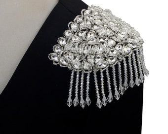 Beaded Crystal Tassel Epaulette Rinestones Wedding Shouder Patches Decorated Suit Badge with pin back 2 pieces