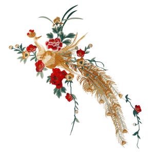 May include: An embroidered patch featuring a golden phoenix with long, flowing tail feathers surrounded by vibrant red flowers and dark green leaves. The design includes intricate stitching details on the bird's body and the floral elements.