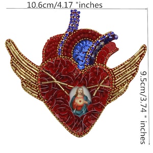EMDOMO Beaded Milagro Heart Patches Flaming Sacred Heart Applique Mexican Folk Art Applique Decor Clothes Badges Sew On Patches Handmade DIY 2pieces (N