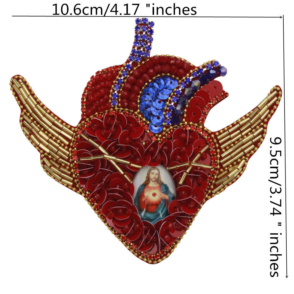 Toppa Ricamata Messicana - Forchetta Con Cuore Fiammeggiante E Scritta Lady Of Guadalup, Per Cucire - Foto 11