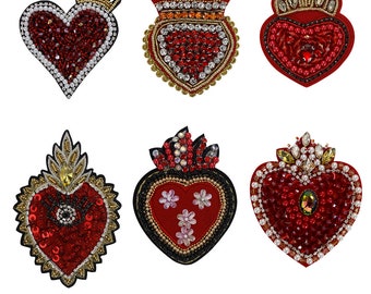 Toppe a forma di cuore con corona di perline, fascino messicano, applique Milagro, stemmi decorativi a cuore sacro, da cucire sulle toppe fatte a mano fai-da-te