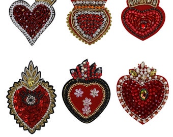 Beaded Crown Heart Patches Mexican Charm Milagro Applique Sacred Heart Decor Badges Sew on  Patches Handmade DIY