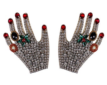 Beaded Rhinestones Applique Hands Diamond Crystal Motifs Badge Patches for Shoes Bags Decorated Sew on 2 pieces