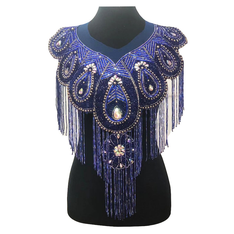 Long Beading Fringe Tassel Rhinestones Collar Crystal Rhinestones Applique Handmade Patches Bodice 1 piece