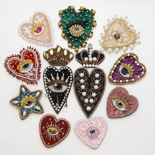 Vintage Lucky Patch Beaded Sacred Heart Patch Embroidered Evil Eye Patches Rhinestone Applique Sew on for DIY Gift
