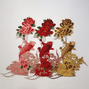 Großer, gestickter Koi-Fisch-Blumen-Aufnäher zum Aufnähen, auffällige Stoffverzierung für Kleider und Mäntel (1 Stück)
