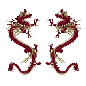 Può includere: Due toppe da stirare ricamate di draghi cinesi rossi con dettagli dorati.