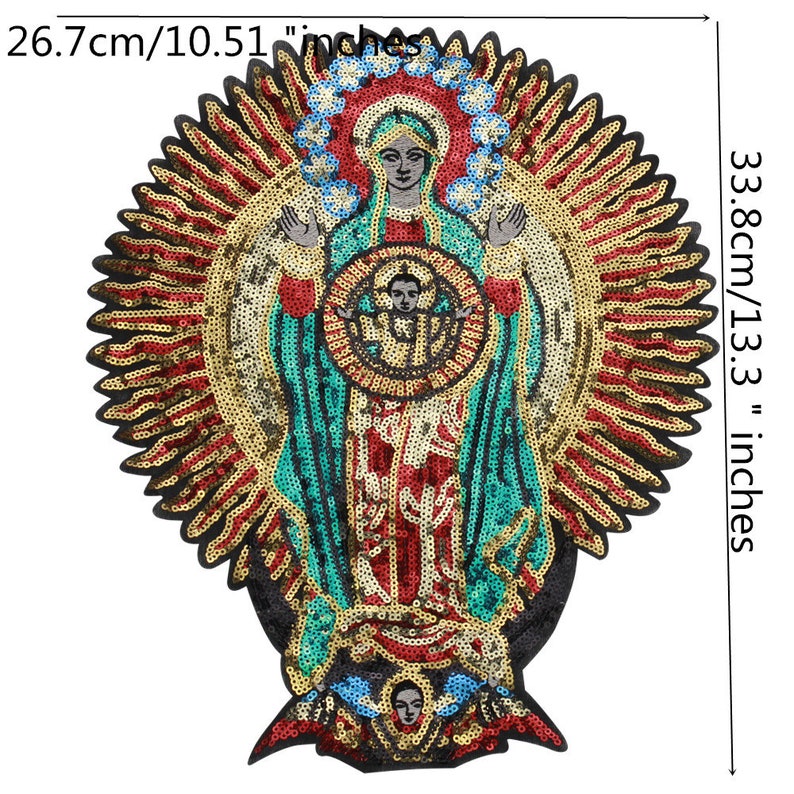 Large Sequin Lady of Guadalupe Patches Virgin Mary Applique Fabric Embroidery Brand Back Patches for Jacket Fashion Sewing 1piece C