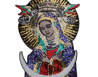 Cekinowa naszywka Virgen de Guadalupe, cekinowa aplikacja Matki Bożej z Guadalupe, meksykańska naszywka z cekinami Virgen de Guadalupe, meksykańska naszywka ozdobna