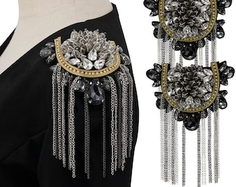 Crystal Beads Shoulder Epaulettes Chain Tassel Blazer Shoulder Epaulet Rhinestone Brooch Badge Pin for Costumes 2pieces