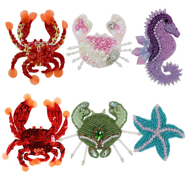 Artisanat Perlé Crabe Patchs Marine Animal Badge Hippocampe Patch Coudre Sur Applique À La Main Vêtements Décoration 1 pièce