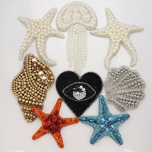 Patch Oceanici Grandi Cuciti a Mano Conchiglia, Medusa di Perle Stella Marina Arredamento Casa Costiero Applicazioni Abbigliamento