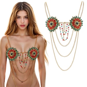 Handmade Crystal Flower Body Chain Mermaid Bra Top Rhinestone Beads Bikini Body Jewelry Halter Top for Party Outfit Festive Rave Costume