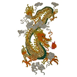 May include: An embroidered Chinese dragon in gold and green with orange accents, holding a red pearl in its mouth. The dragon is surrounded by white clouds.