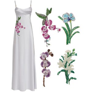 Hand-Sewn Tulle Beaded Floral Patches Sheer Mesh Appliqués with Colorful Beads Sew-On Fabric Embellishment for Clothing & Bags