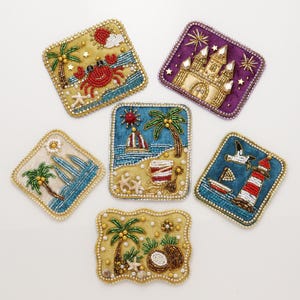 Hand-Sewn Beaded Landscape Patches Beach Castle Scenic Appliqués with Beads Rhinestones Sew-On Embellishment for Clothing, Bags, Hats