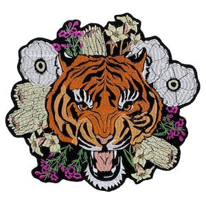 Embroidery Large Fashion Tiger Head Flowers Fabric Back Patch Motif Applique Iron on Badge for Clothes Jacket 1 piece