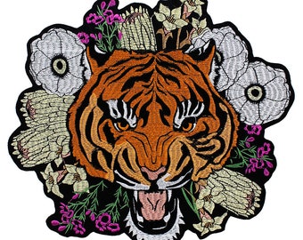 Bordado Gran Moda Cabeza de Tigre Flores Tela Parche Trasero Motivo Aplique Hierro en Insignia para Ropa Chaqueta 1 pieza