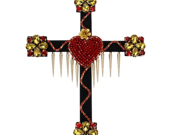 Mexican Heart Cross Patch Sacred Heart Patches Handmade Rhinestones Applique Fringe Applique Sew on Patches 1 piece
