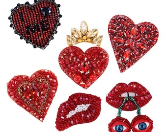 Red Lips and Heart Patch Set Handmade with Red Crystals & Beads Sultry Sew-On Appliques Valentine's DIY Gift