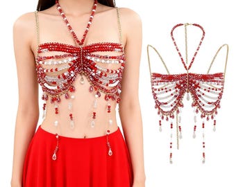 Red and White Beaded Body Chain Handmade Body Jewelry Festival Harness Modern Boho Belly Chain  Rave Party Outfit
