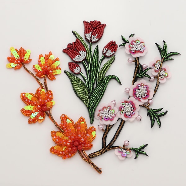 Handmade Beaded Floral Branch Maple Leaf Patches Pink Blossom Autumn Leaf Sew-On Appliqués Nature-Inspired Embellishment for Clothing