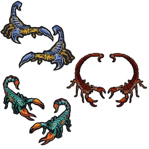 May include: Four embroidered iron-on patches featuring scorpions in different colours and poses. The scorpions are in blue, green, and brown.