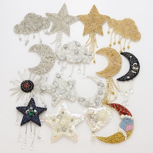 Parches de cuentas hechos a mano con forma de luna, estrella y nube, apliques celestiales para coser, adornos de cielo nocturno para ropa, bolsos y accesorios.